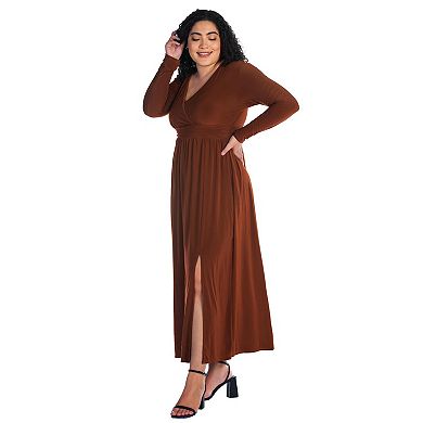 Plus Size 24Seven Comfort Apparel Long Sleeve Side Slit Maxi Dress