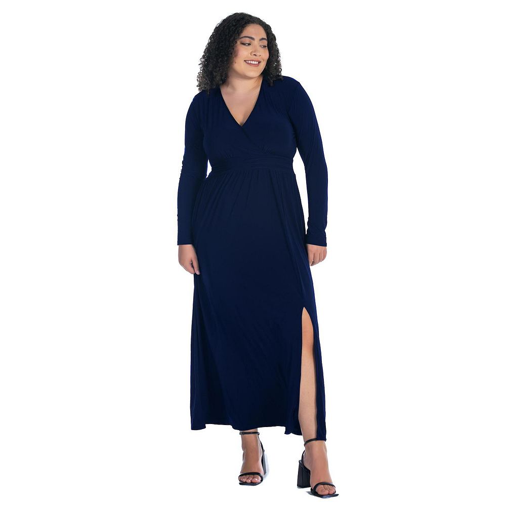 Plus Size 24Seven Comfort Apparel Long Sleeve Side Slit Maxi Dress