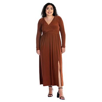 Plus Size 24Seven Comfort Apparel Long Sleeve Side Slit Maxi Dress