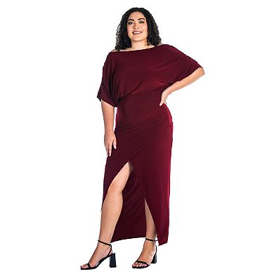 Plus Size 24Seven Comfort Apparel Boat Neck Batwing Sleeve Slit Maxi Dress