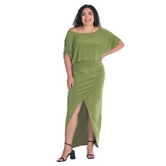 Plus Size 24Seven Comfort Apparel Boat Neck Batwing Sleeve Slit Maxi Dress