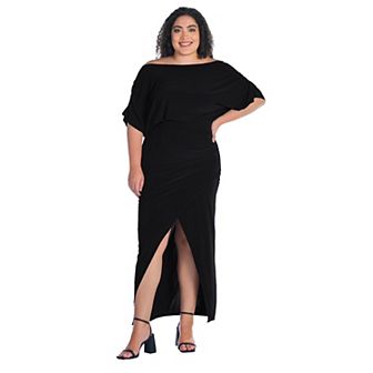 Plus Size 24Seven Comfort Apparel Boat Neck Batwing Sleeve Slit Maxi Dress