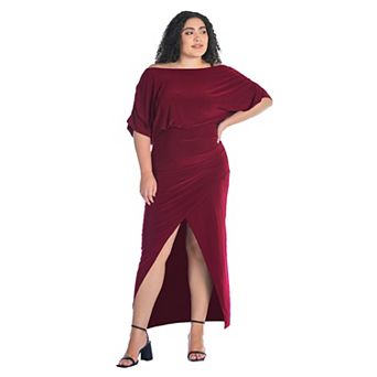 Plus Size 24Seven Comfort Apparel Boat Neck Batwing Sleeve Slit Maxi Dress