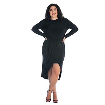 Plus Size 24Seven Comfort Apparel Long Sleeve Tulip Skirt Knee Length Dress