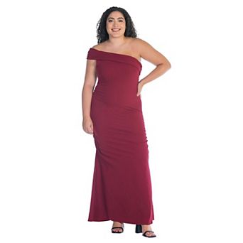 Plus Size 24Seven Comfort Apparel Formal One Shoulder Ruched Mermaid Maxi Dress