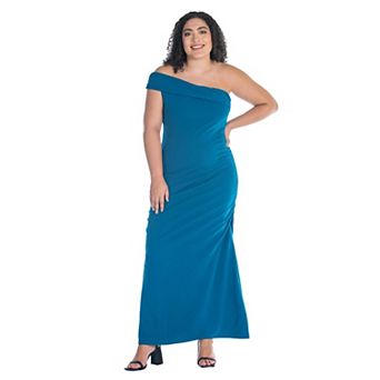 Plus Size 24Seven Comfort Apparel Formal One Shoulder Ruched Mermaid Maxi Dress