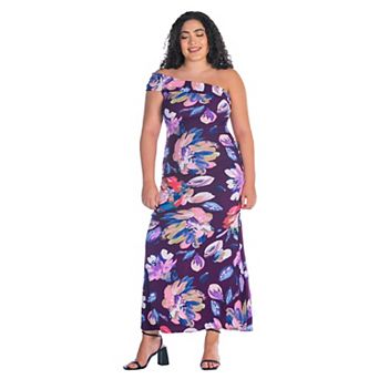 Plus Size24Seven Comfort Apparel Purple Floral One-Shoulder Ruched Mermaid Maxi Dress