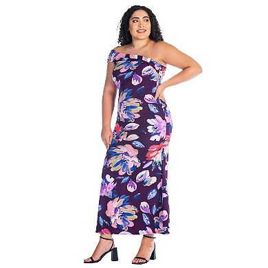 Plus Size 24Seven Comfort Apparel Purple Floral One-Shoulder Ruched Mermaid Maxi Dress