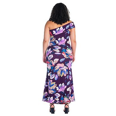 Plus Size 24Seven Comfort Apparel Purple Floral One-Shoulder Ruched Mermaid Maxi Dress