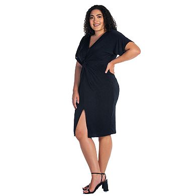 Plus Size 24Seven Comfort Apparel Short Sleeve V-Neck Twist Front Split-Hem Dress