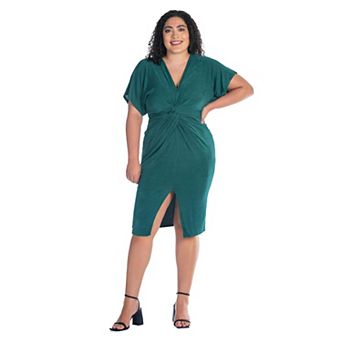Plus Size 24Seven Comfort Apparel Short Sleeve V-Neck Twist Front Split-Hem Dress