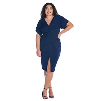 Plus Size 24Seven Comfort Apparel Short Sleeve V-Neck Twist Front Split-Hem Dress