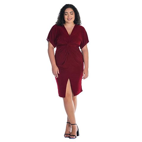 Женские платья 24Seven Plus Size 24Seven Comfort Apparel Short Sleeve V-Neck Twist Front Split-Hem Dress