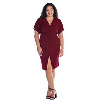 Plus Size 24Seven Comfort Apparel Short Sleeve V-Neck Twist Front Split-Hem Dress