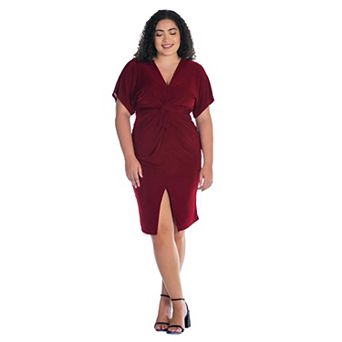 Plus Size 24Seven Comfort Apparel Short Sleeve V-Neck Twist Front Split-Hem Dress