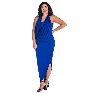 Plus Size 24Seven Comfort Apparel Cowlneck Long Asymmetrical Backless Halter Dress