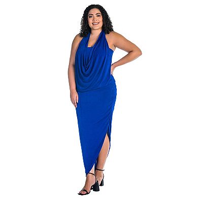 Plus Size 24Seven Comfort Cowlneck Long Asymmetrical Backless Halter Dress