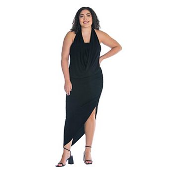 Plus Size 24Seven Comfort Apparel Cowlneck Long Asymmetrical Backless Halter Dress