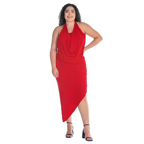 Женские платья 24Seven Plus Size 24Seven Comfort Apparel Cowlneck Long Asymmetrical Backless Halter Dress