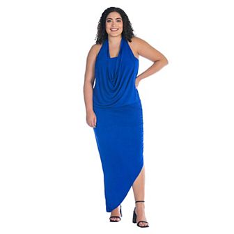 Plus Size 24Seven Comfort Apparel Cowlneck Long Asymmetrical Backless Halter Dress