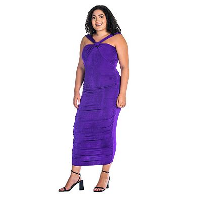Plus Size 24Seven Comfort Apparel Halter Cross Neck Ruched Bodycon Midi Dress