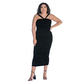 Plus Size 24Seven Comfort Apparel Halter Cross Neck Ruched Bodycon Midi Dress
