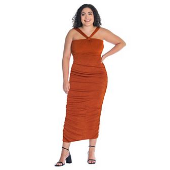Plus Size 24Seven Comfort Apparel Halter Cross Neck Ruched Bodycon Midi Dress