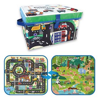PicassoTiles 2 pk Storage Bin Toy Box & Playmat, Car and Animal Theme