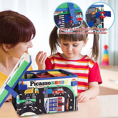 PicassoTiles 2PK Storage Bin Toy Box & Playmat, Car and Animal Theme