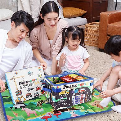 PicassoTiles 2PK Storage Bin Toy Box & Playmat, Car and Animal Theme