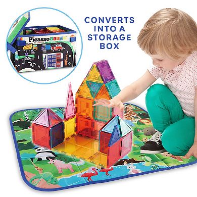 PicassoTiles 2PK Storage Bin Toy Box & Playmat, Car and Animal Theme