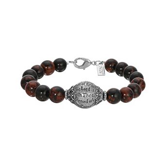 Symbols Of Faith Silver Tone Round Semi-Precious Bead Hail Mary Prayer Bracelet