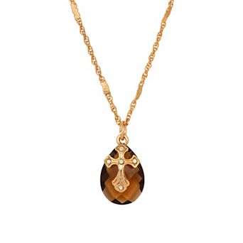 Symbols Of Faith Gold Tone Crystal Oval Drop Cross Necklace
