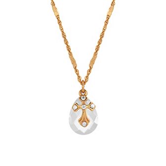 Symbols Of Faith Gold Tone Crystal Oval Drop Cross Necklace