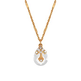 Symbols Of Faith Gold Tone Crystal Oval Drop Cross Necklace