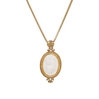 Symbols Of Faith Gold Tone Oval Glass Angel Intaglio Pendant Necklace