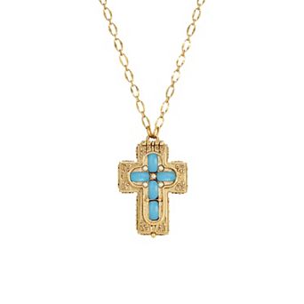 Symbols Of Faith Gold Tone Blue Moonstone Cross Locket Pendant Necklace