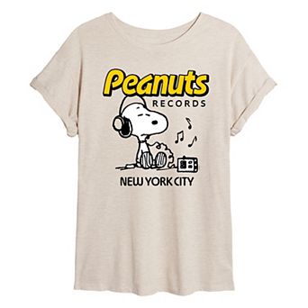 Juniors' Peanuts Records Snoopy Headphones Oversized Tee