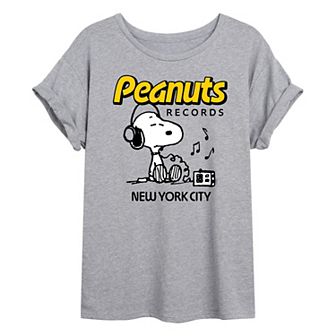 Juniors' Peanuts Records Snoopy Headphones Oversized Tee