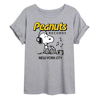 Juniors' Peanuts Records Snoopy Headphones Oversized Tee
