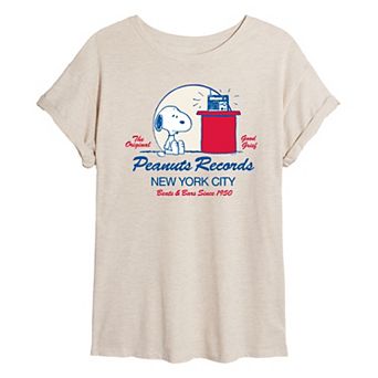 Juniors' Peanuts Snoopy Records New York City Oversized Tee