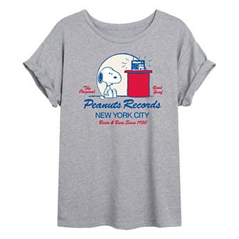 Juniors' Peanuts Snoopy Records New York City Oversized Tee