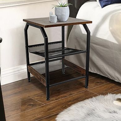 3-Tier Industrial Metal Frame Side Table with Storage Shelves