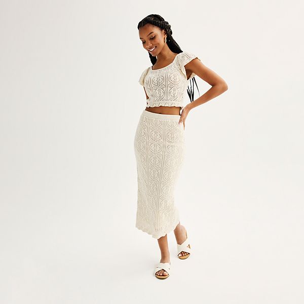 Juniors' Freshman Crochet Flutter Sleeve Top & Maxi Skirt Set