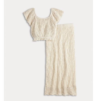 Juniors' Freshman Crochet Flutter Sleeve Top & Maxi Skirt Set