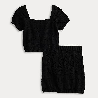 Juniors' Freshman Crochet Flutter Sleeve Top & Mini Skirt Set