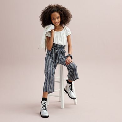 Girls 7-20 Knit Works Short Sleeve Eyelet Bodice & Striped Print Pant Jumpsuit With Scrunchie in Regular & Plus Size