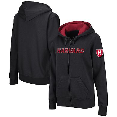 Women's Colosseum Black Harvard Crimson Arched Name Full-Zip Hoodie