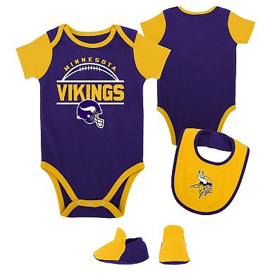 Newborn & Infant Purple/Gold Minnesota Vikings Home Field Advantage Three-Piece Bodysuit, Bib & Booties Set
