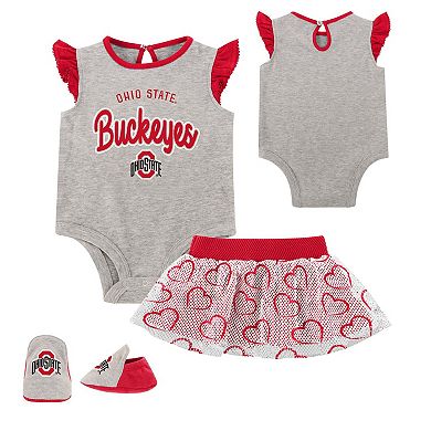 Girls Newborn Heather Gray Ohio State Buckeyes All Dolled Up Bodysuit, Skirt & Bootie Set